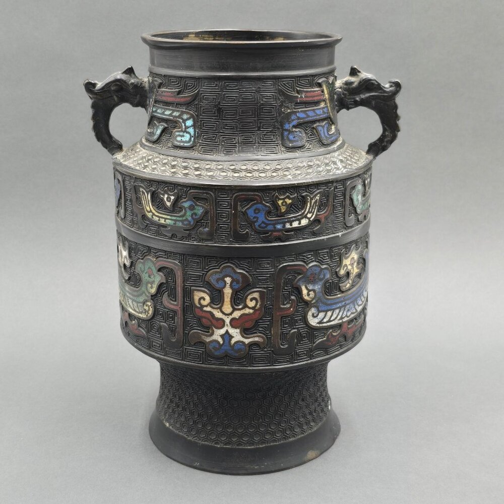 Antique Japanese Bronze Champleve Vase 11" Archaic Dragon Handle Meiji Style - Picture 7 of 16